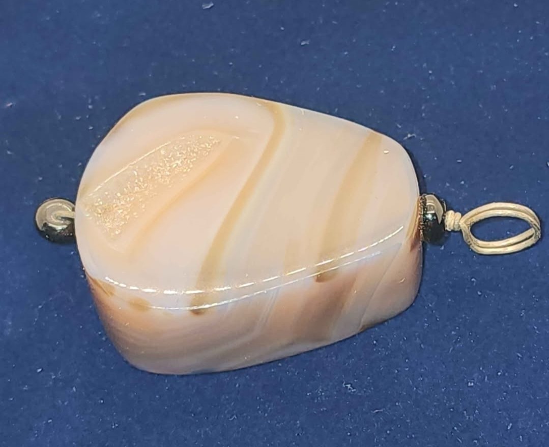 Banded Brown Gray Agate Stone Pendant Charm w/ Silver Metal Bail Loop