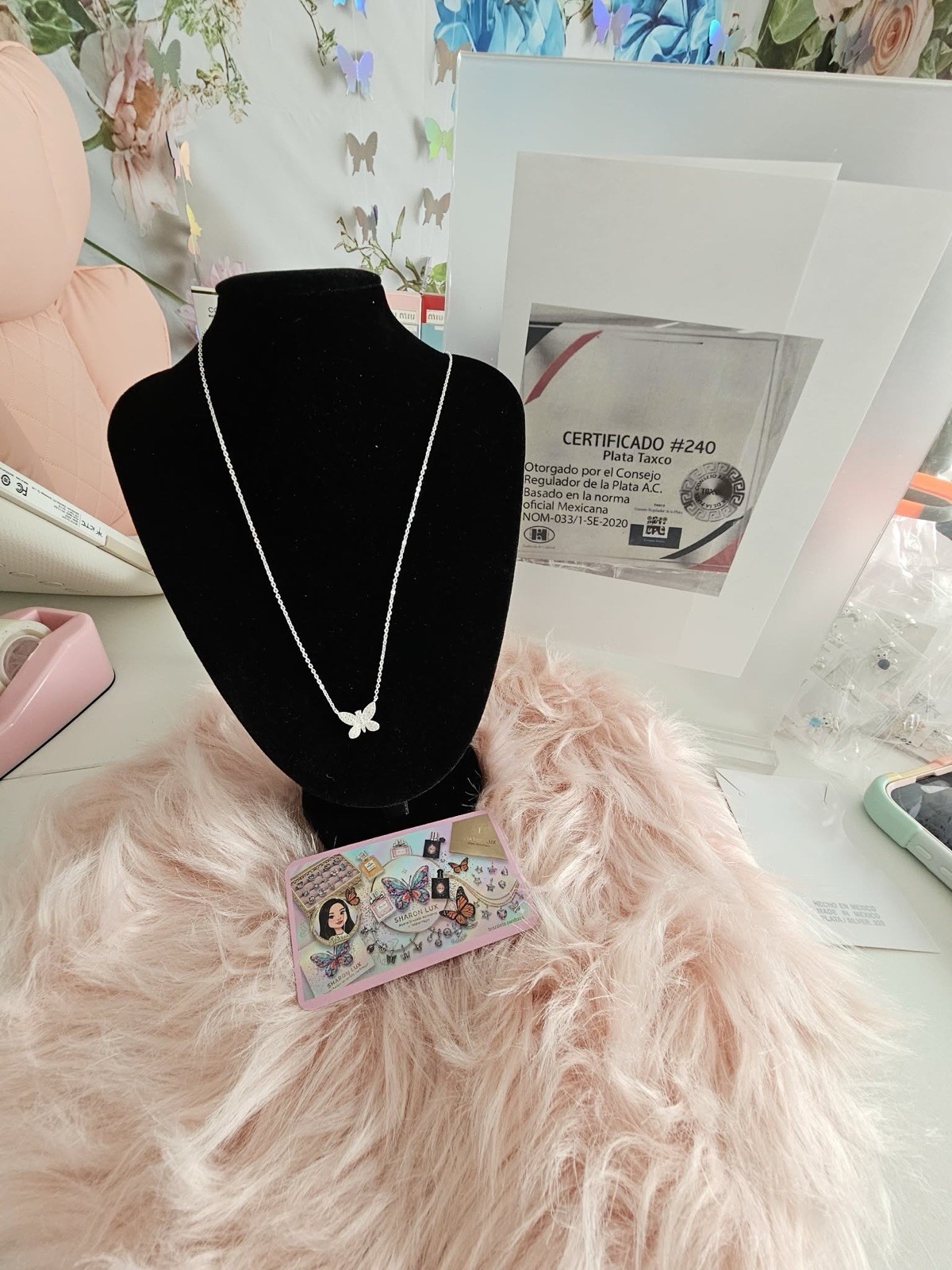 Silver Butterfly Crystal Charm Pendant Cable Chain Necklace, Clear/Colorless