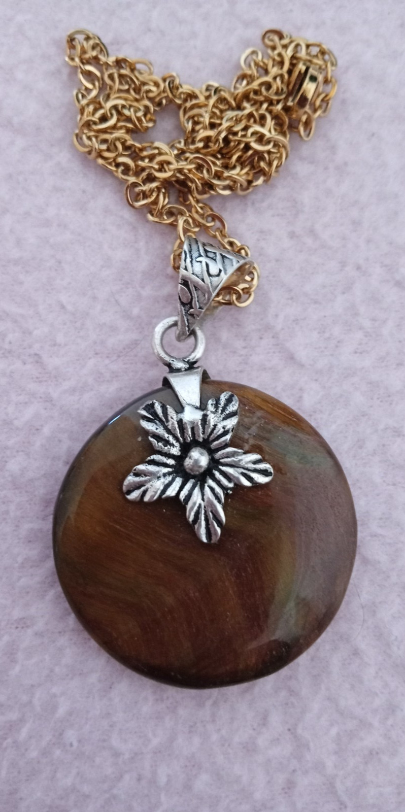 Reflective Copper tone striations stone pendant ornate siver bale w/ chain