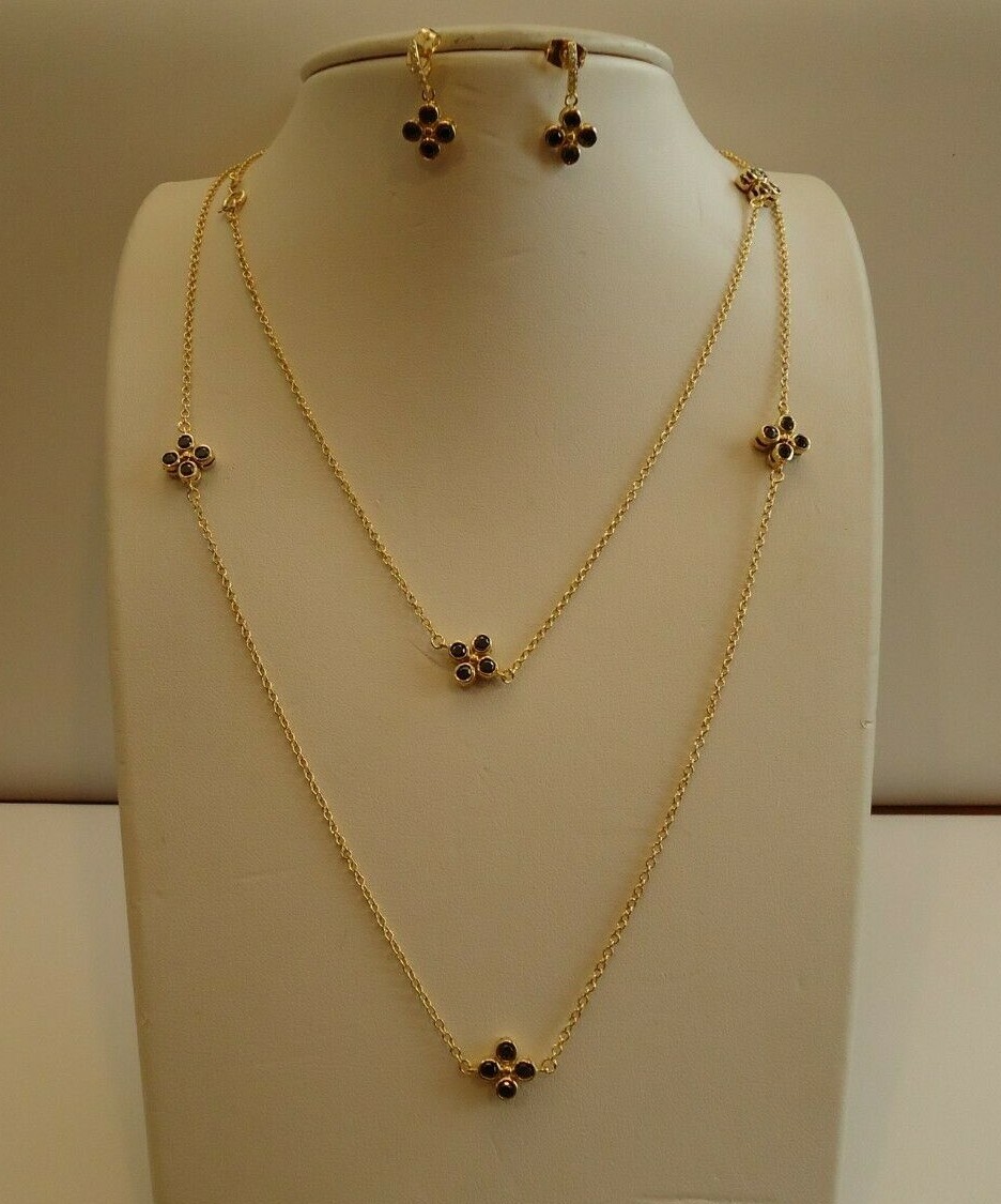 36” LONG CLOVER FLOWER NECKLACE & EARRING SET W/ BLACK LAB ACCENTS / STERLING
