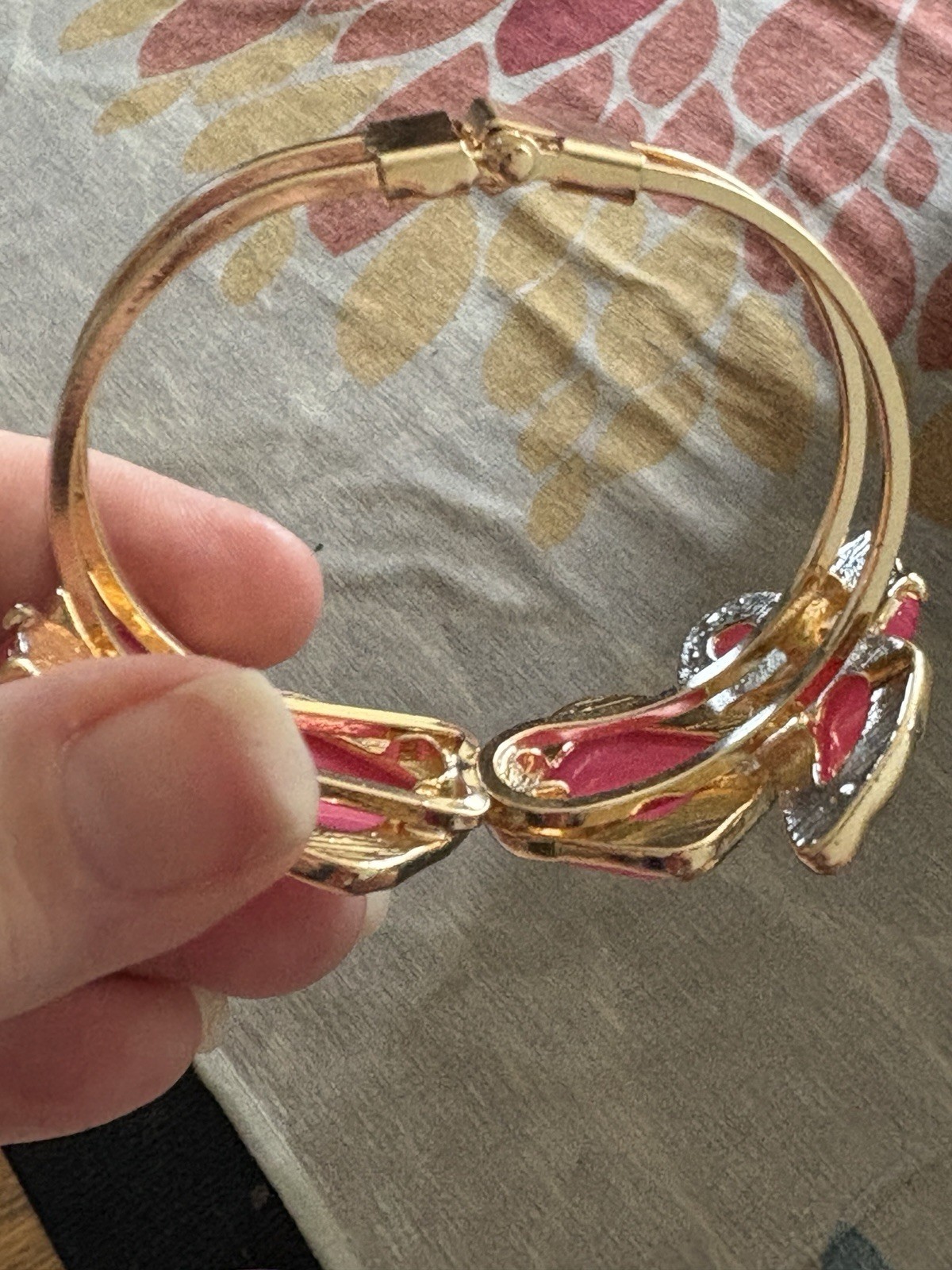 Gold Tone Pink Cushion Bezel Set Bangle Bracelet Hinged Less Than 8 in