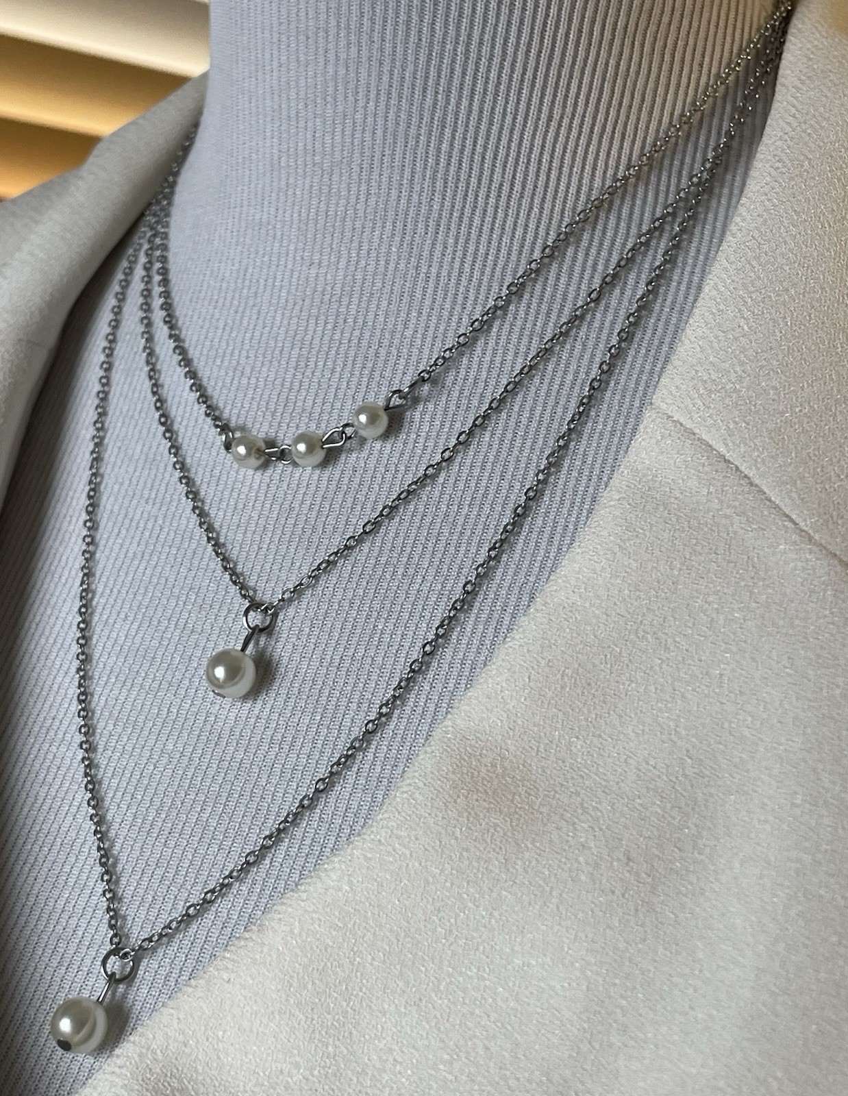 3 Strand Faux Pearl Layered Chain Necklace 18-24” Silver Tone Oval Link