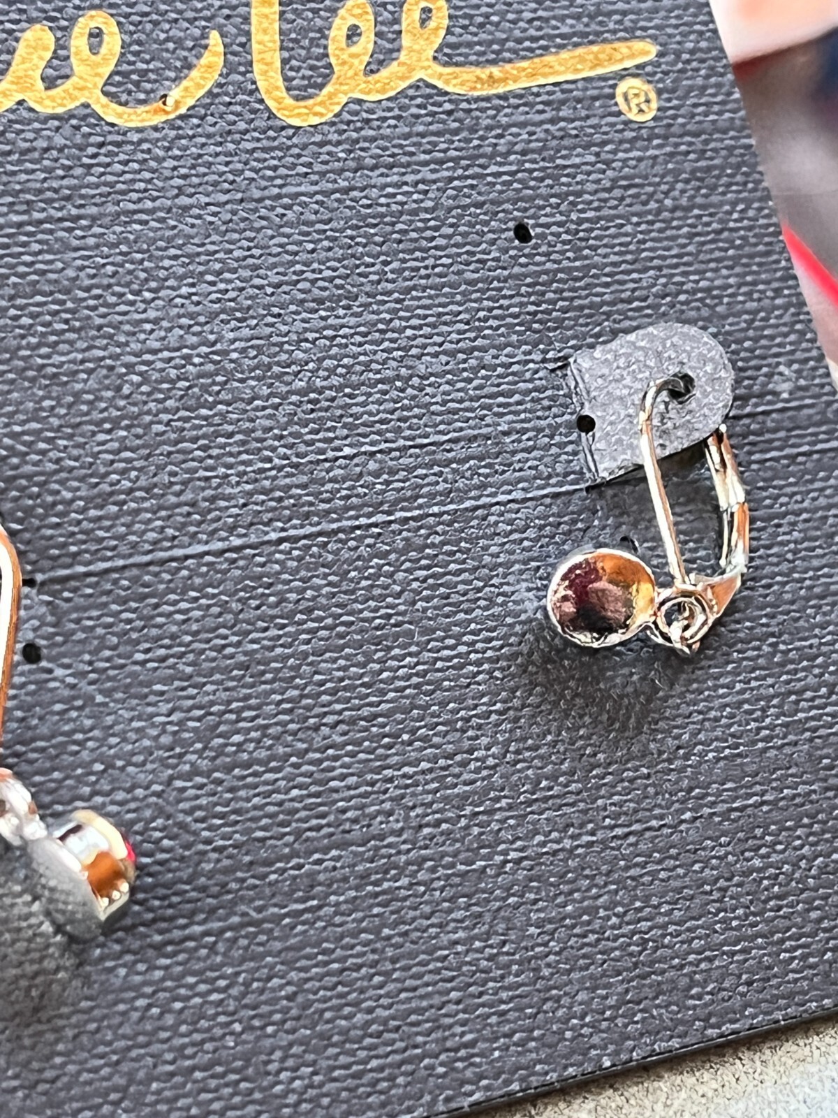 Cookie Lee Small Round Red Aurora Borealis Rhinestone in Silvertone Frame Dangle