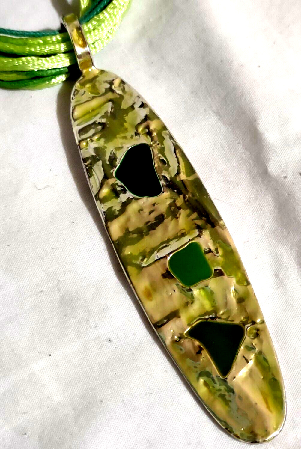 Metal & Glass Necklace Pendant on Chartreuse Cord Reversible Gold & Silver Tone