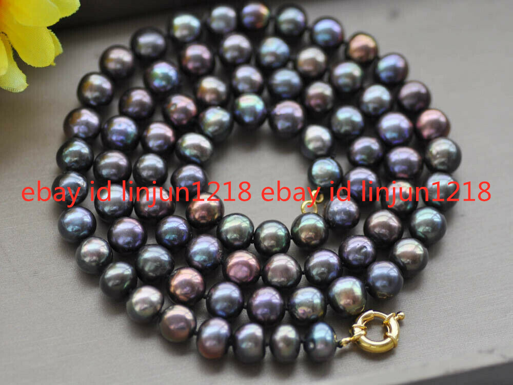 Beautiful 8mm-9mm Round Peacock-Black Freshwater Pearl Necklace 18-50inches