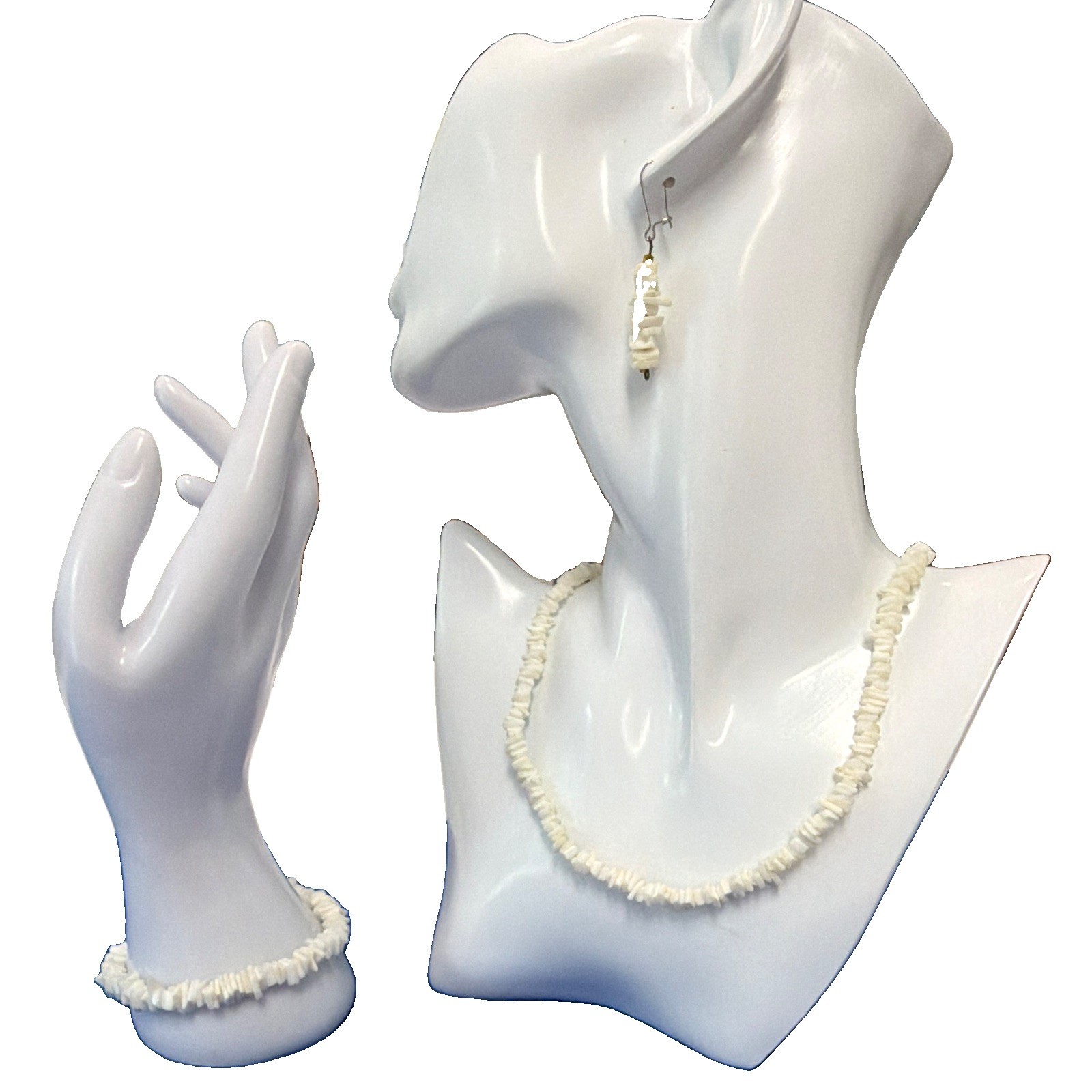 White Shell Chip Jewelry Set Necklace Bracelet & Dangle Earrings