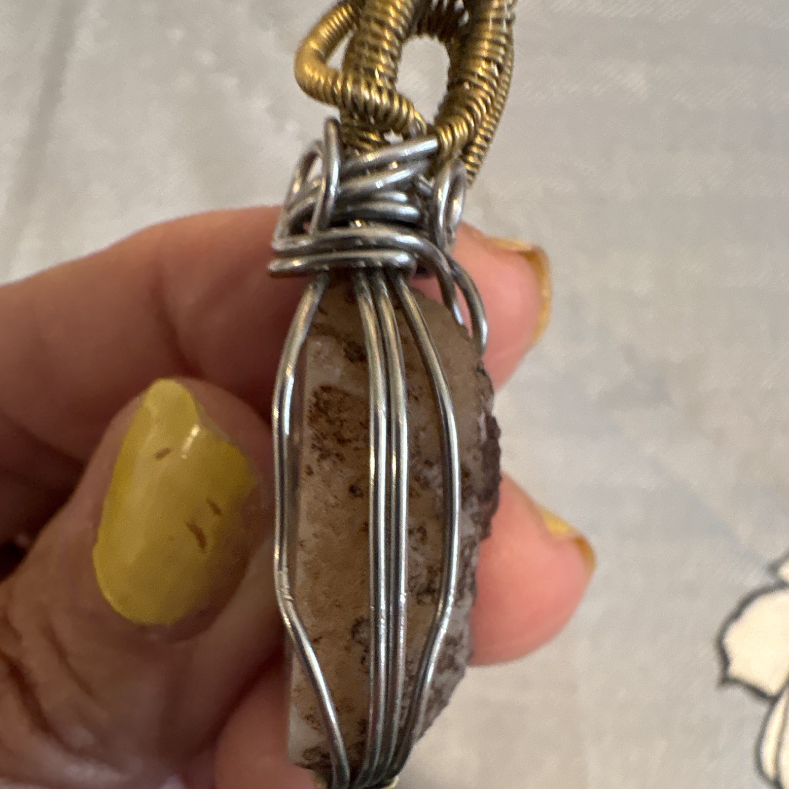 Wire Wrapped Agate & Quartz Oval Charm Pendant Necklace Silver Gold Cord Boho