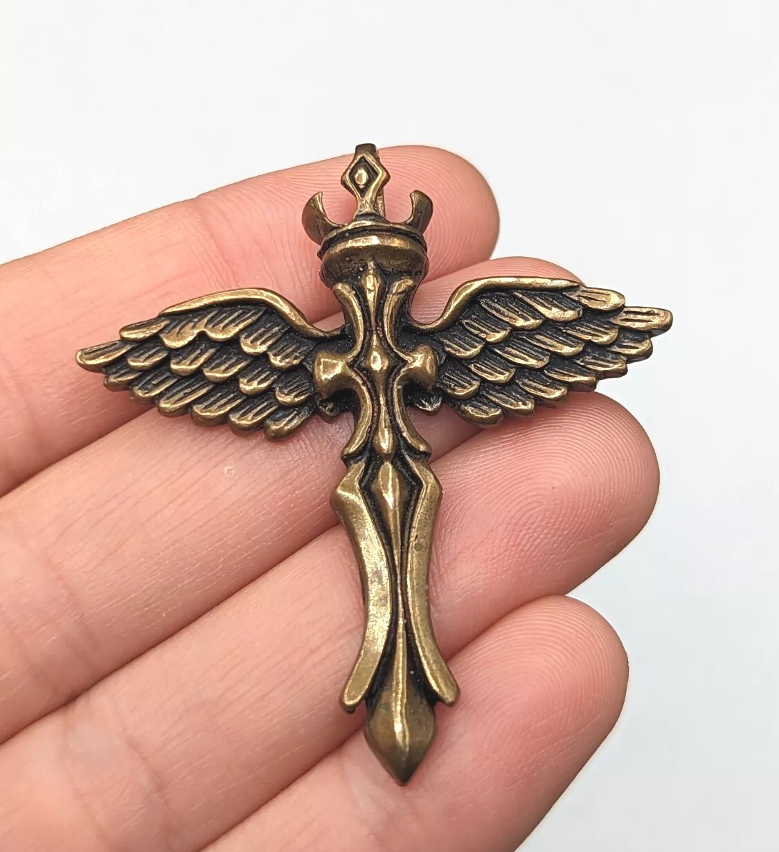 Bronze Tone Eagle Angel Wing Winged Crown Cross Sword Biker Religious Pendant