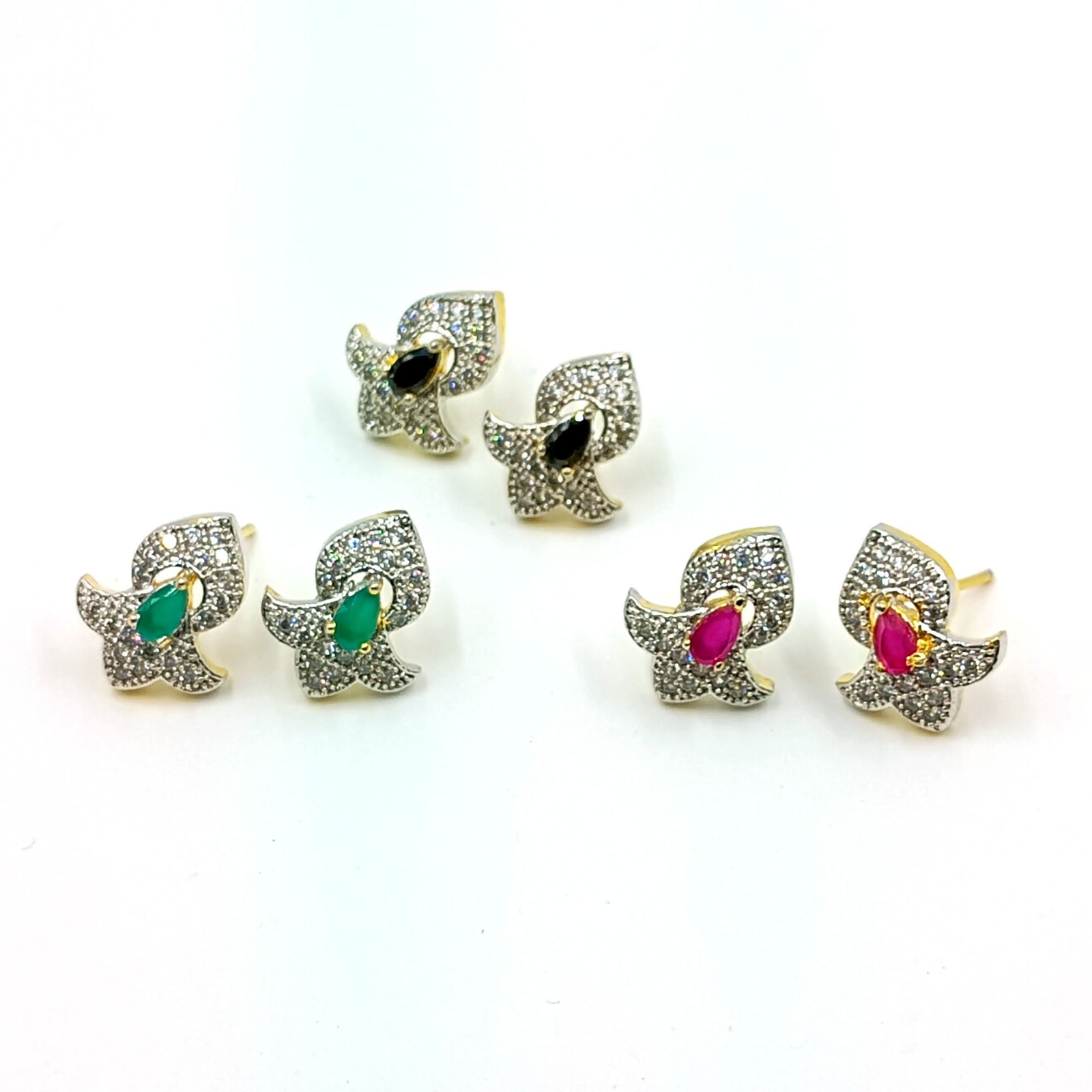 Gold Plated Stud Earrings Ruby Emerald Black Onyx CZ South Indian Wedding Style