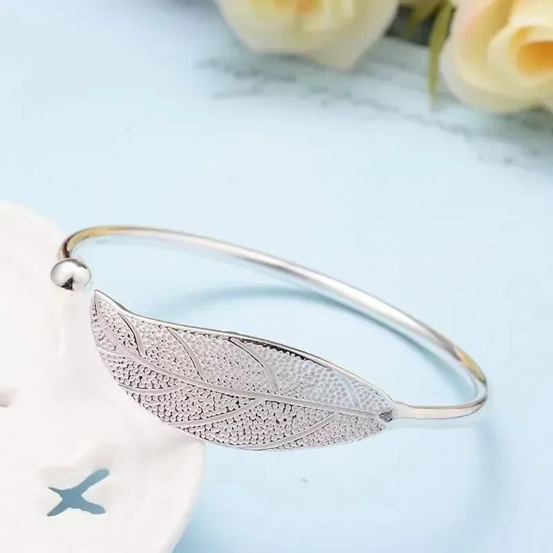 925 Sterling Silver Woman Cuff Bracelet Open Leaf Shaped Adjustable