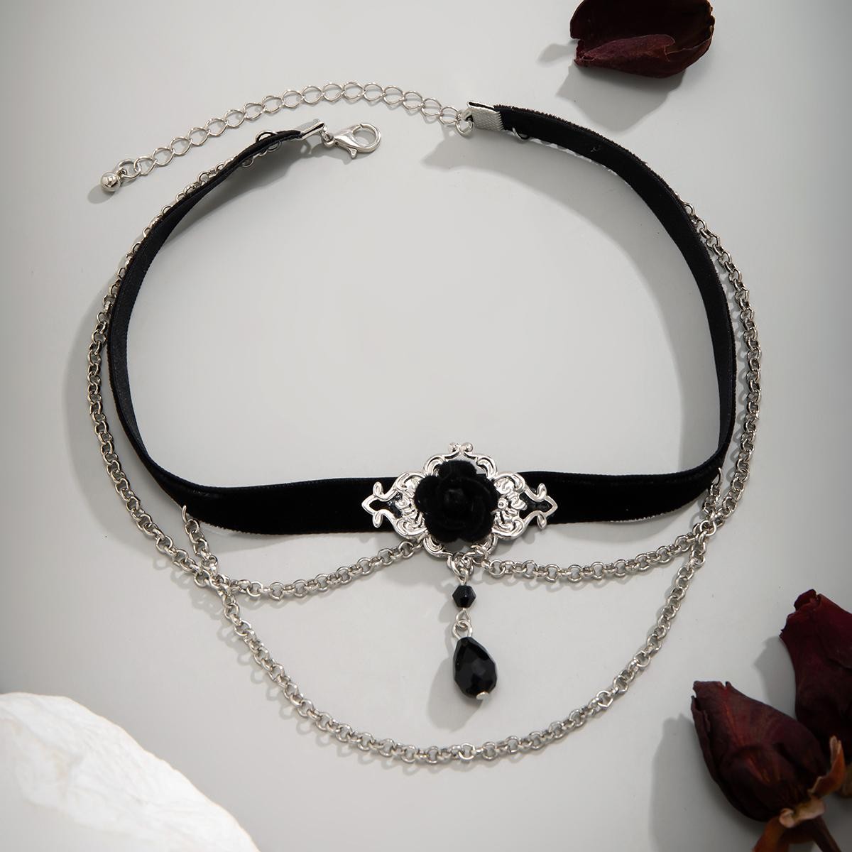 Purui Punk Black Cotton Rope Choker Tassel Chain Crystal Beads Charm Necklace