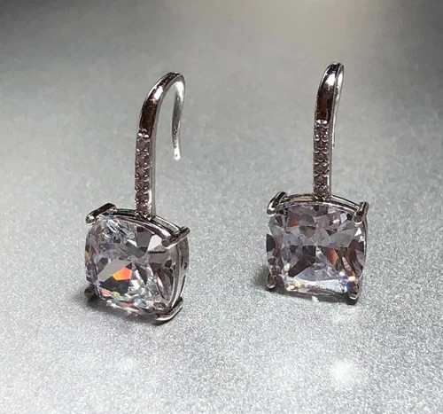 3CTW Simulated Diamond Cushion Drop Earrings 10k White Gold Plated Elegant Gift