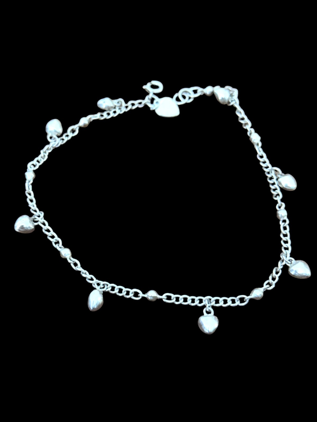 Sterling Silver Anklet- .925- HEART CHARMS- thin link chain- 10″ inches long