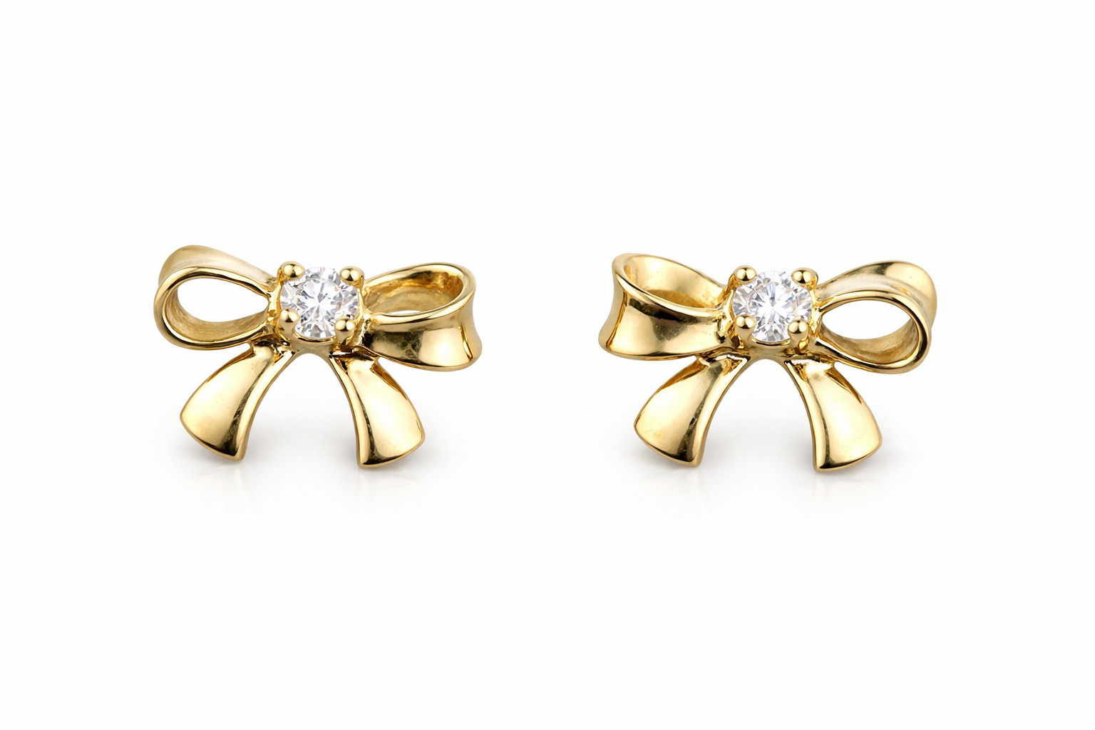 14k Solid White or Yellow Gold Bow Tie Stud Earrings with CZ