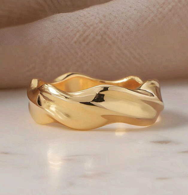 Gold Surgical Steel Wave Ring Minimalist Textured Liquid Band