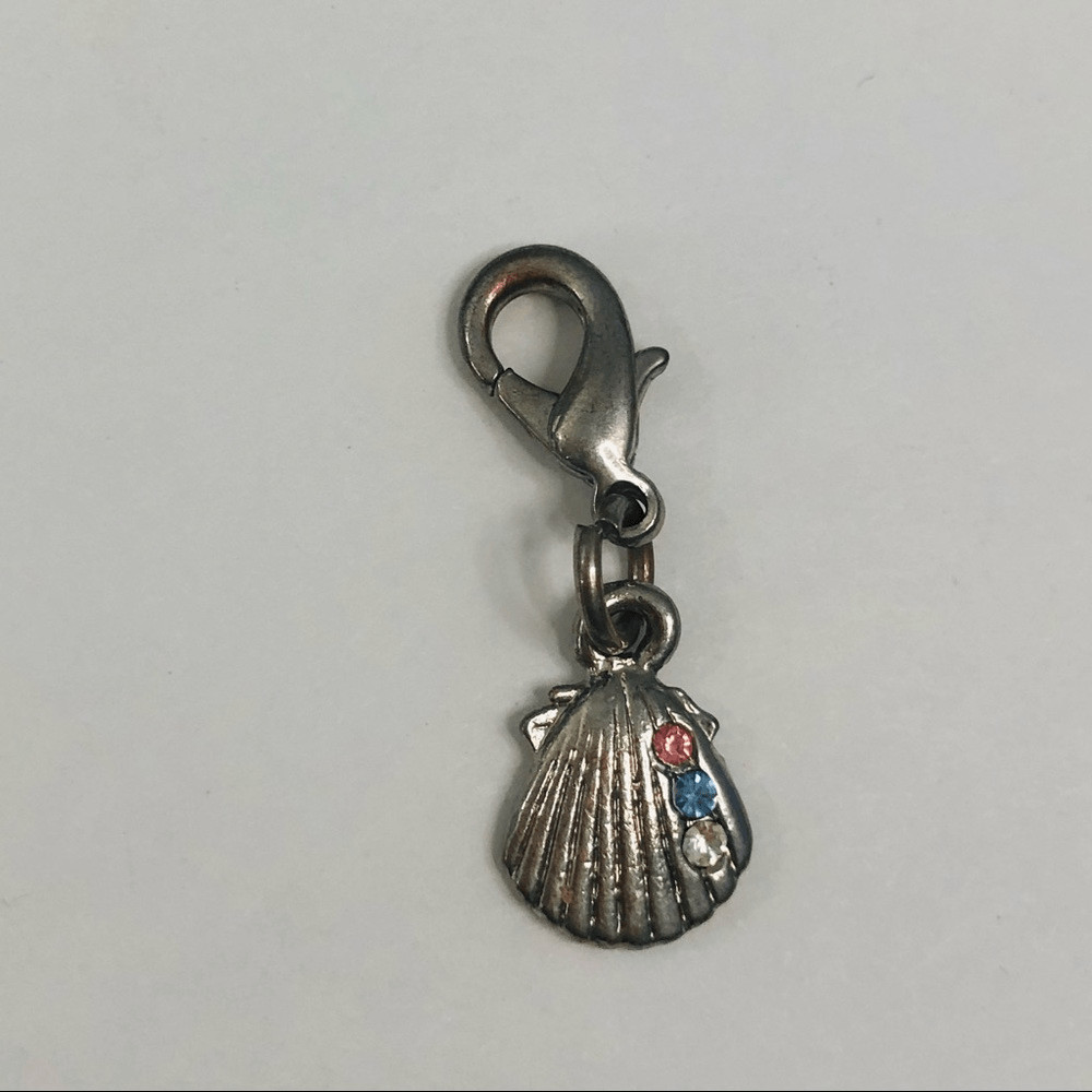 clam charm pink blue and clear stones lobster hook silver tone dangle charm