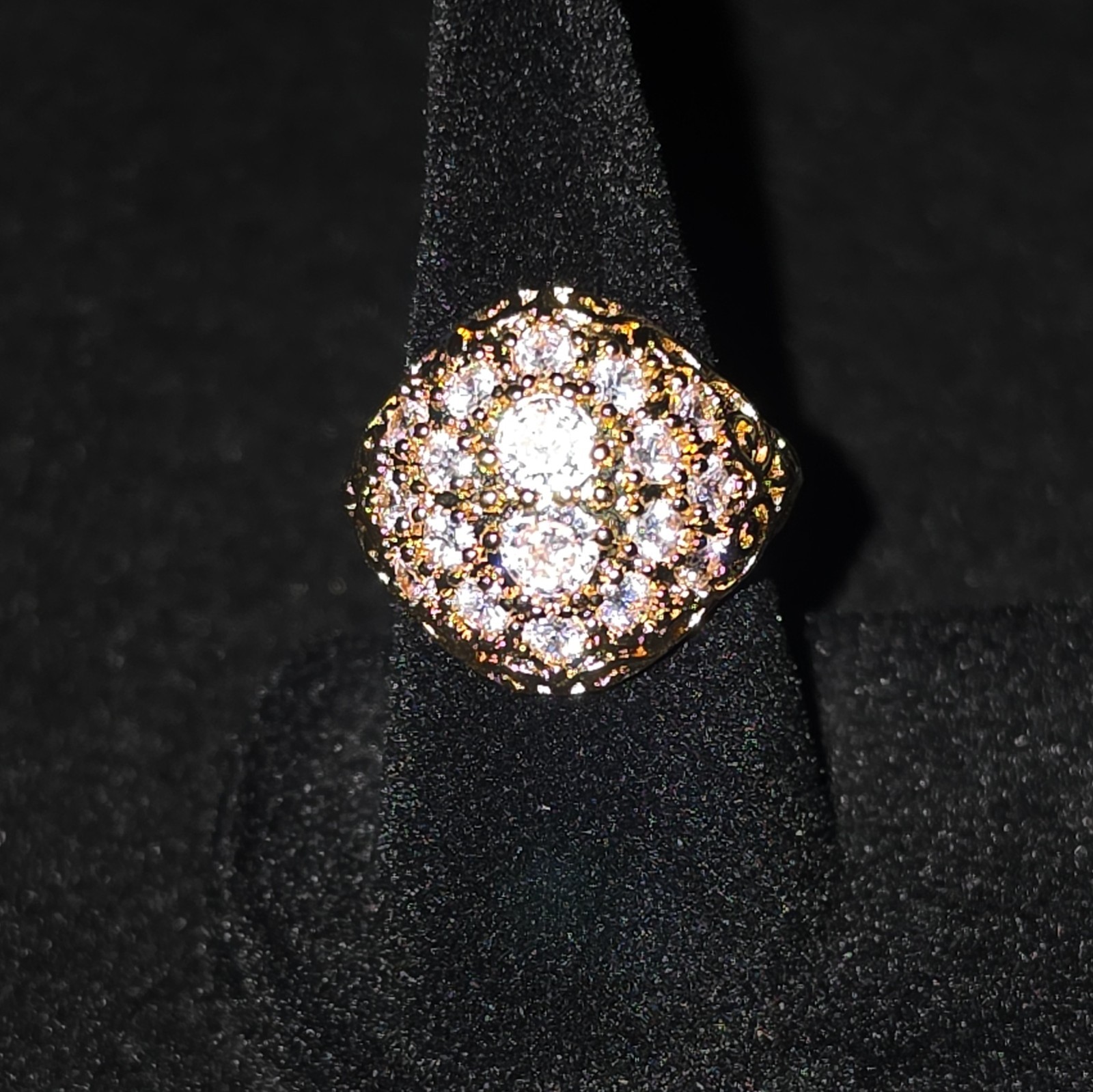 Gold Tone Round Pavé White Crystal Cluster Cocktail Ring, Size 6