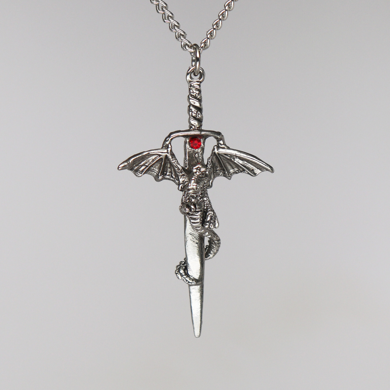 Gothic Dragon Wrapped Around Sword With Red Crystal Pendant Necklace NK-285