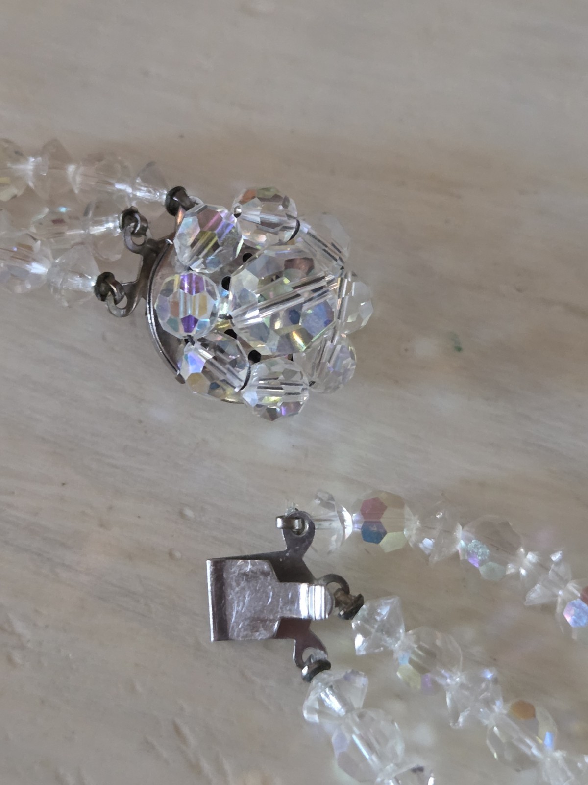 Vtg Multi Strand Aurora Borealis Necklace Faceted 15 In Crystal Flower Clasp AB