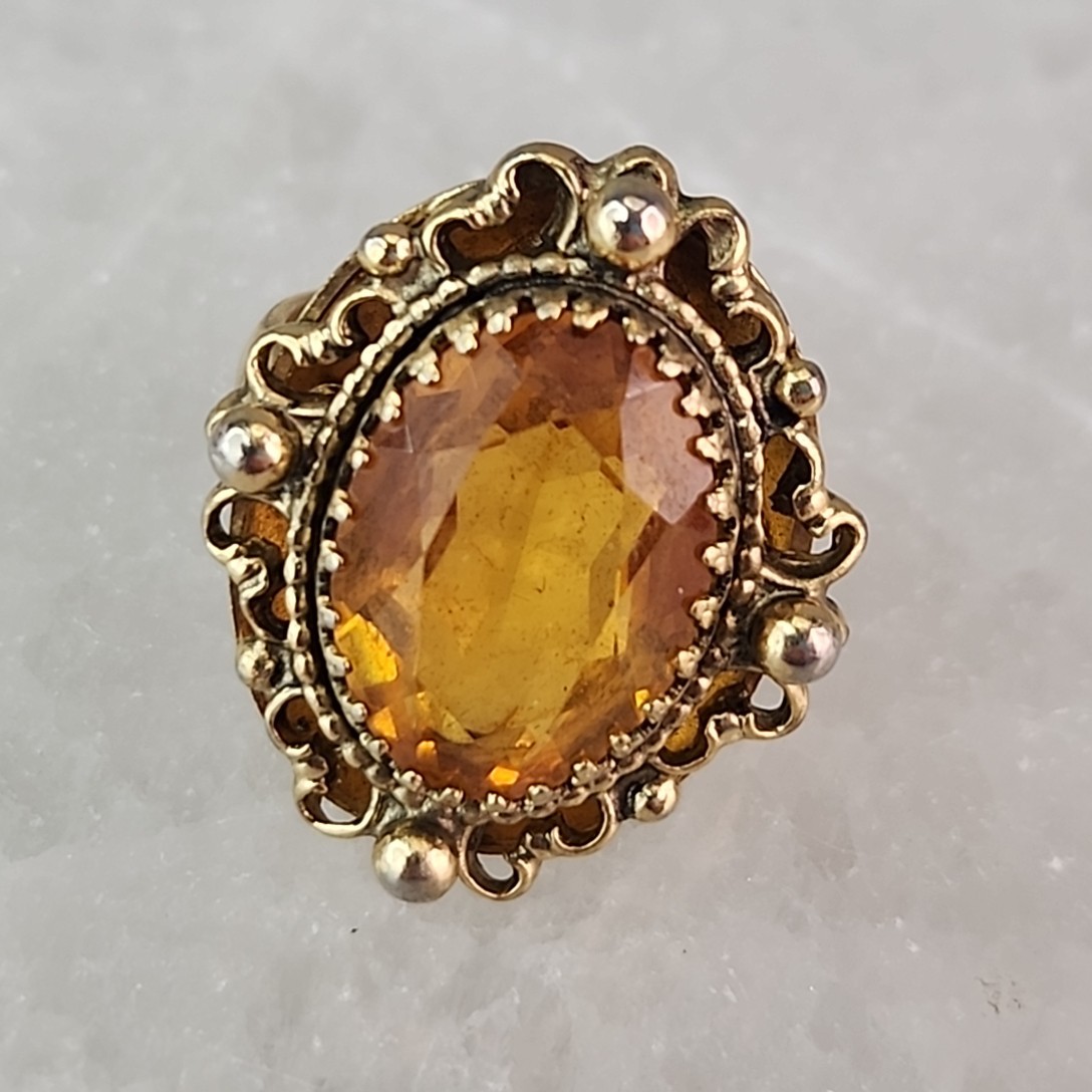 Whiting & Davis Rhinestone Ring Oval Orange Glass Gold Tone 6