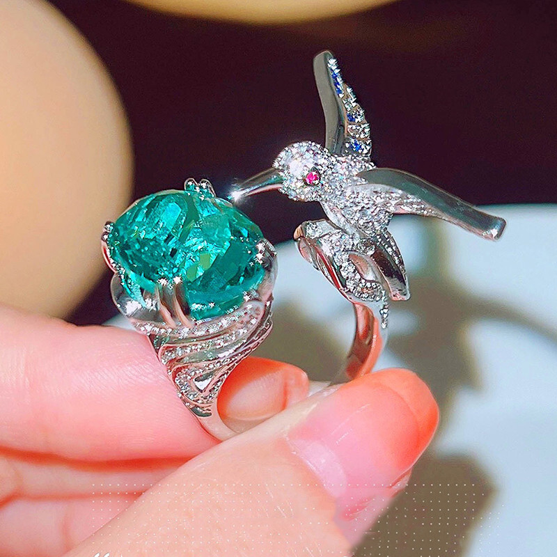 New Hummingbird Oval Paraiba Green Citrine Gemstone Women Girl Charm Silver Ring