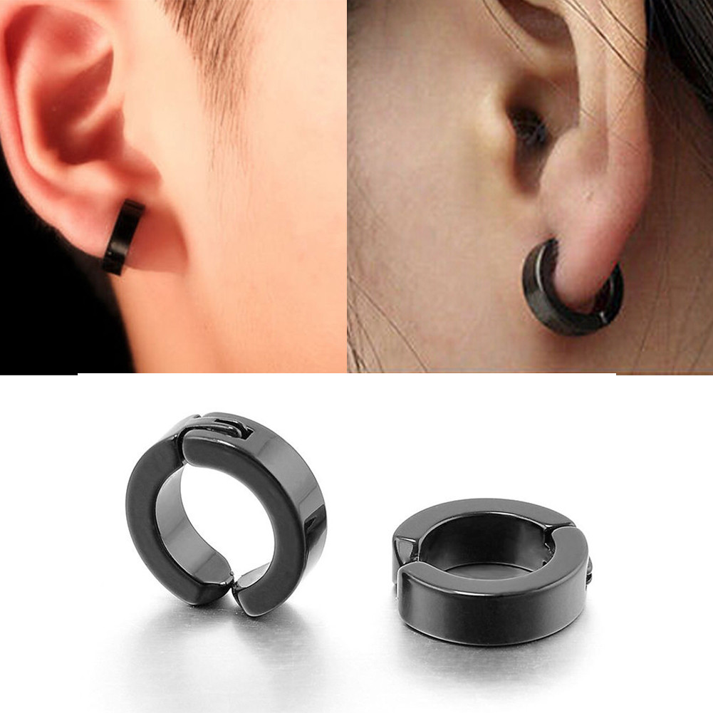 US Non-Piercing Clip On Fake Men Boy Ear Stud Cuff Hoop Earrings Stainless Steel