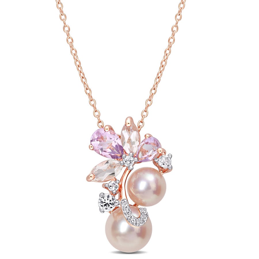 AMOUR Pink Cultured Freshwater Pearl & 2 1/3 CT TGW Rose De France and Topaz