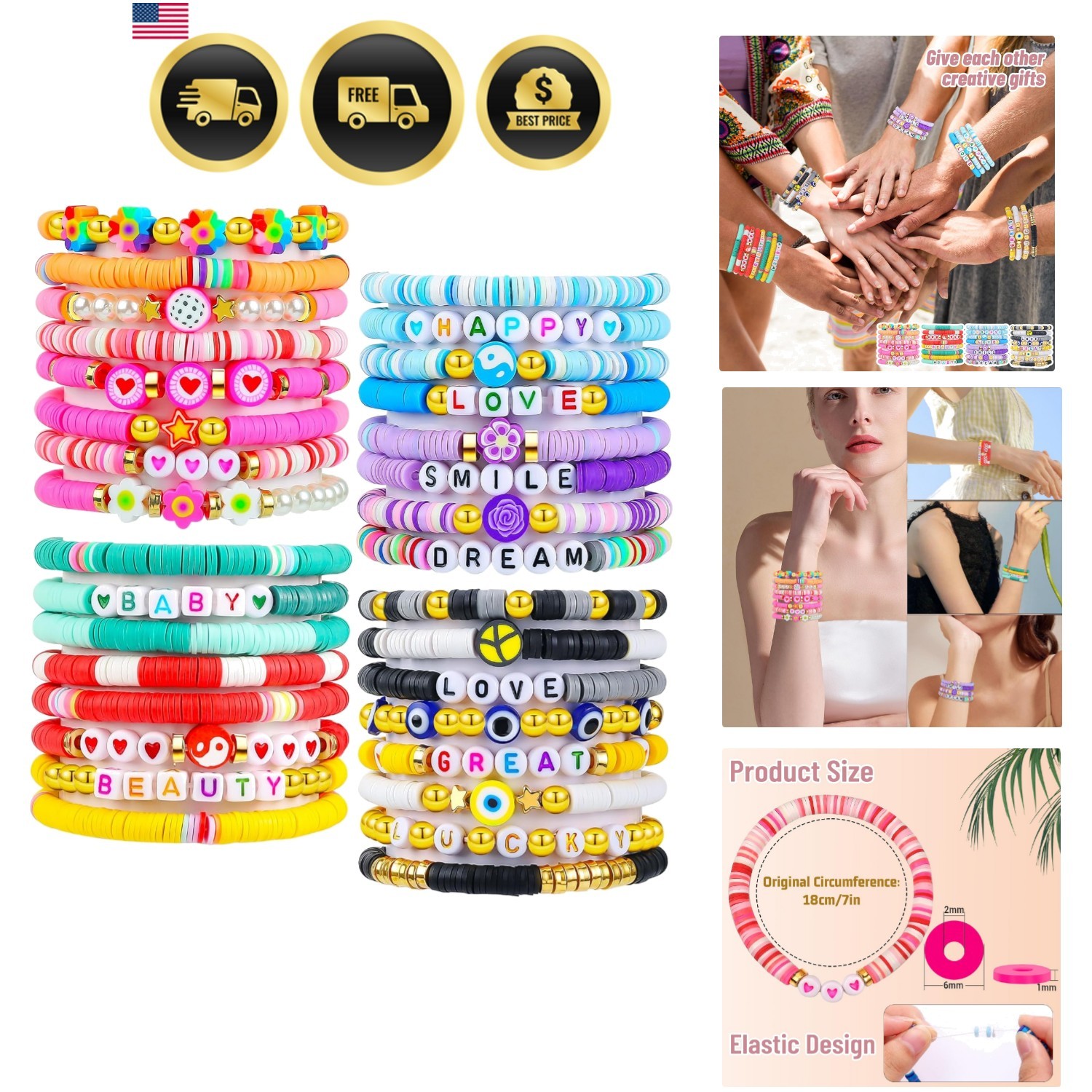 32 Pcs Preppy Jewelry Bracelets for Women Clay Bead Colorful Surfer Heishi Br…