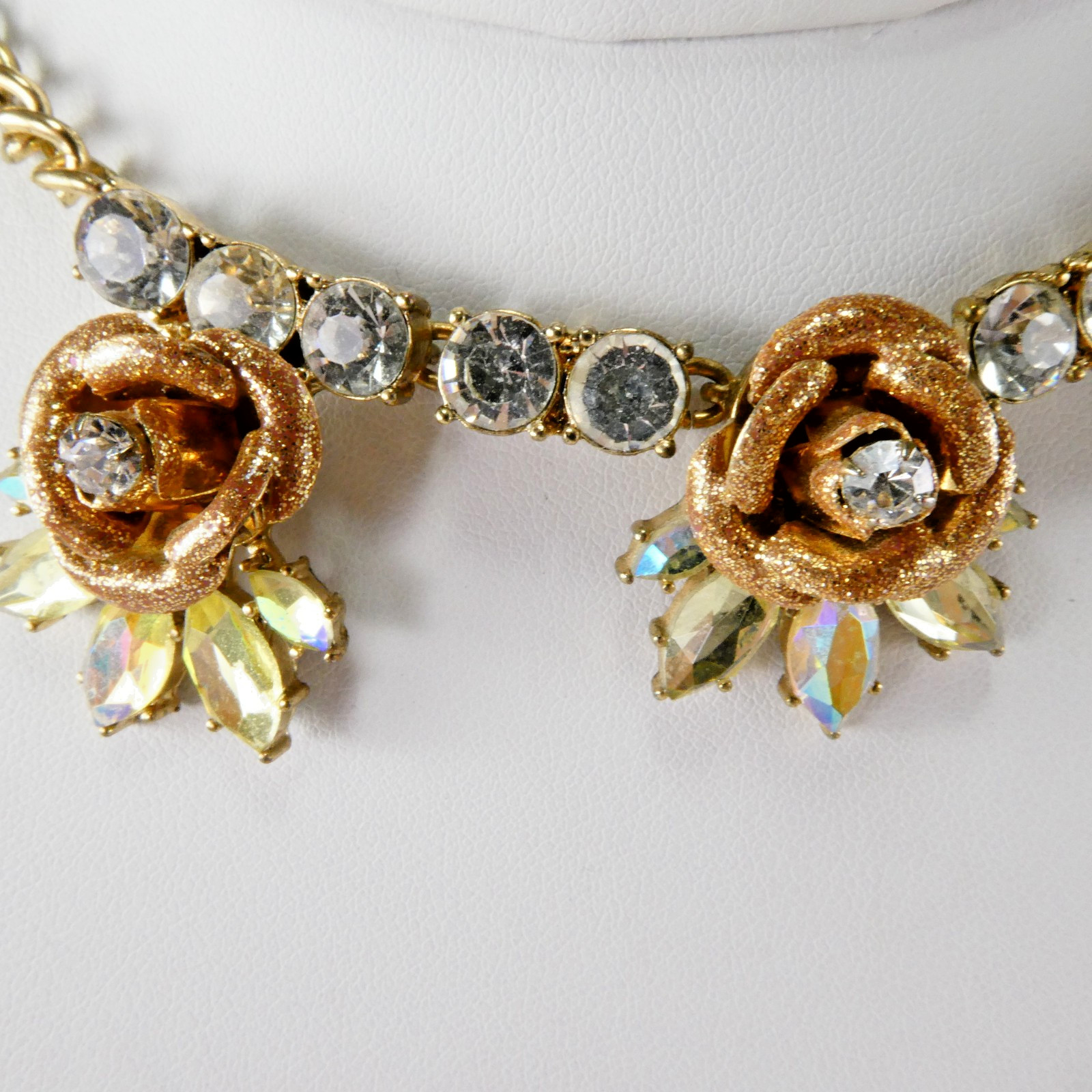 Betsey Johnson Rhinestone Flower Necklace 3 Roses Yellow Clear
