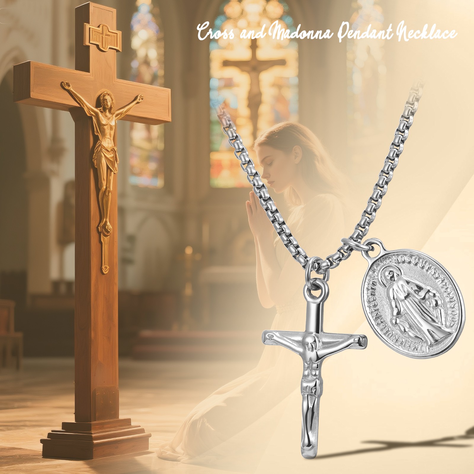 Virgin Mary Jesus Cross Crucifix Rosary Necklace with Miraculous Medal Men Women