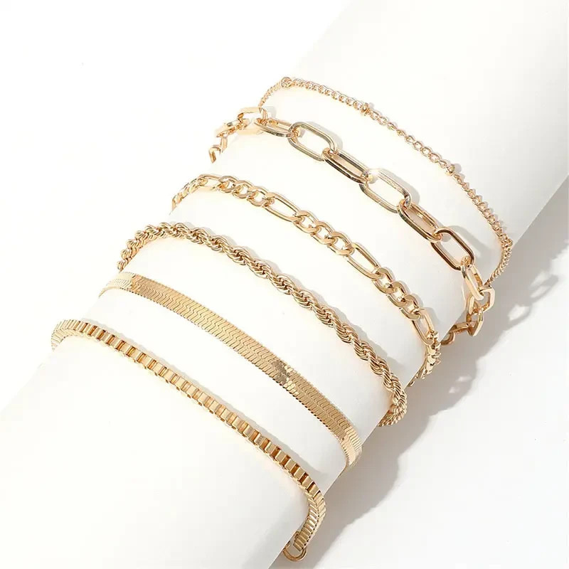 6pcs Gold Plated Boho Bracelet Set for Women – Chain, Bangle & Cuff Jewelry Gift