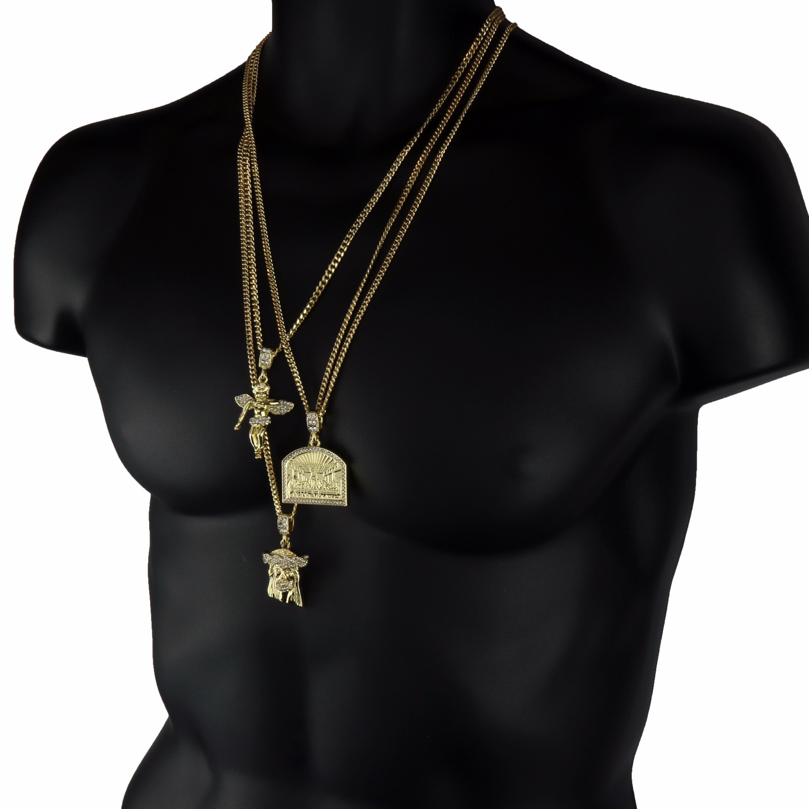Gold Plated Jesus Angel Last Supper Pendant Cubic-Zirconia 24 27 30 Cuban Chain