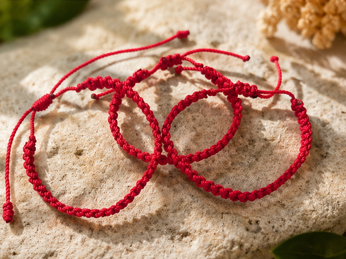 Set of 6 Adjustable Woven String Red Bracelets