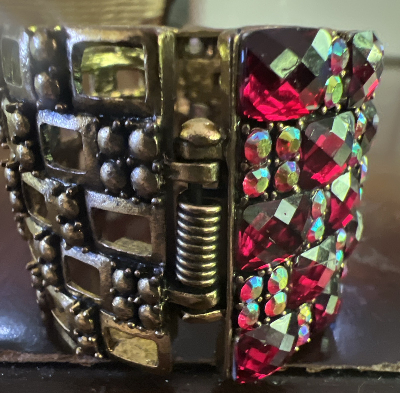 Yuhong Wide Hinged Cuff Clamper Red Aurora Borealis Rhinestone Bracelet EUC