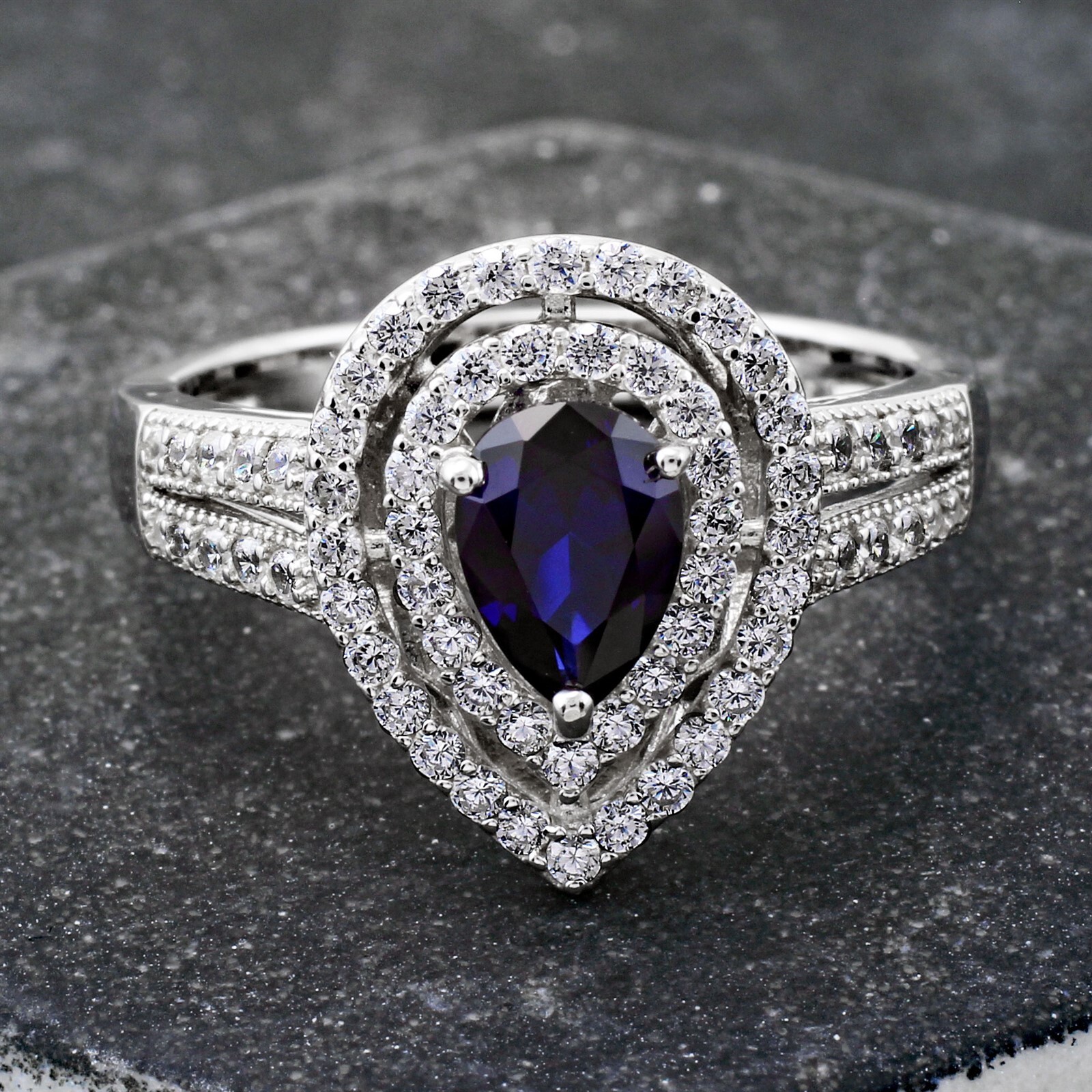 925 Sterling Silver 1.86 Ct Pear Shaped Blue CZ Cocktail Anniversary Ring