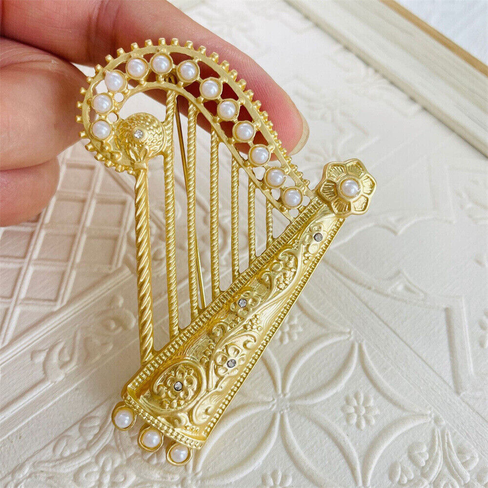 Art Deco Style Vintage Enamel Crystal Pearl Harp Brooch Badge Pin With Bag