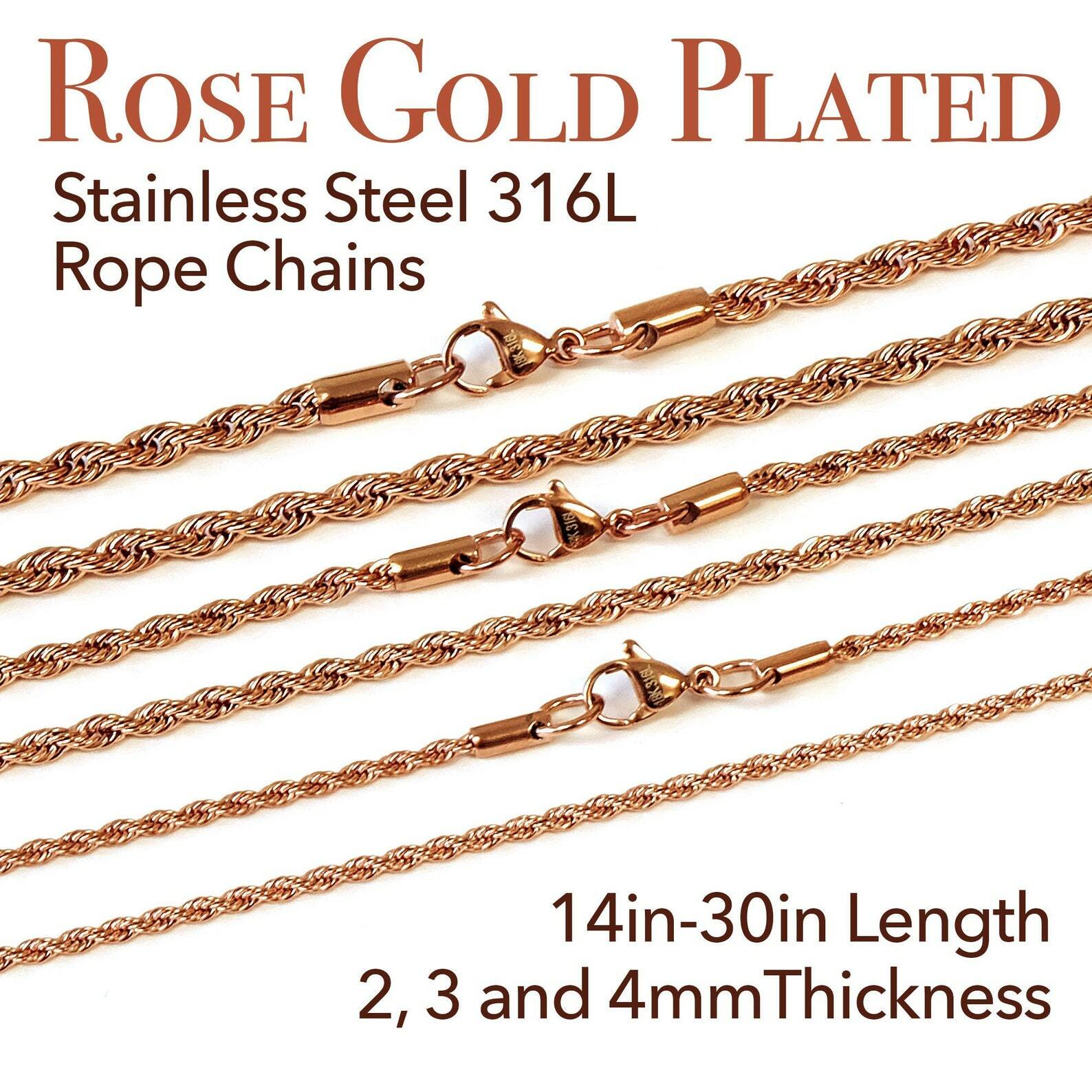 Rose Gold Plated Stainless Steel 316L 2mm 3mm 4mm Rope Chain Necklace 14in-30in
