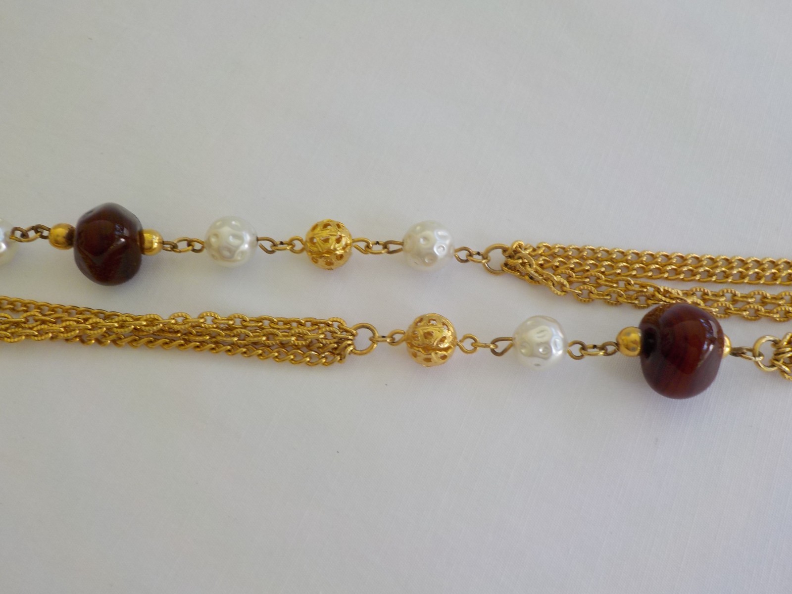 Long Strand Necklace Bead Stone Plastic Faux Pearl Gold Tone Metal Chain NoClasp