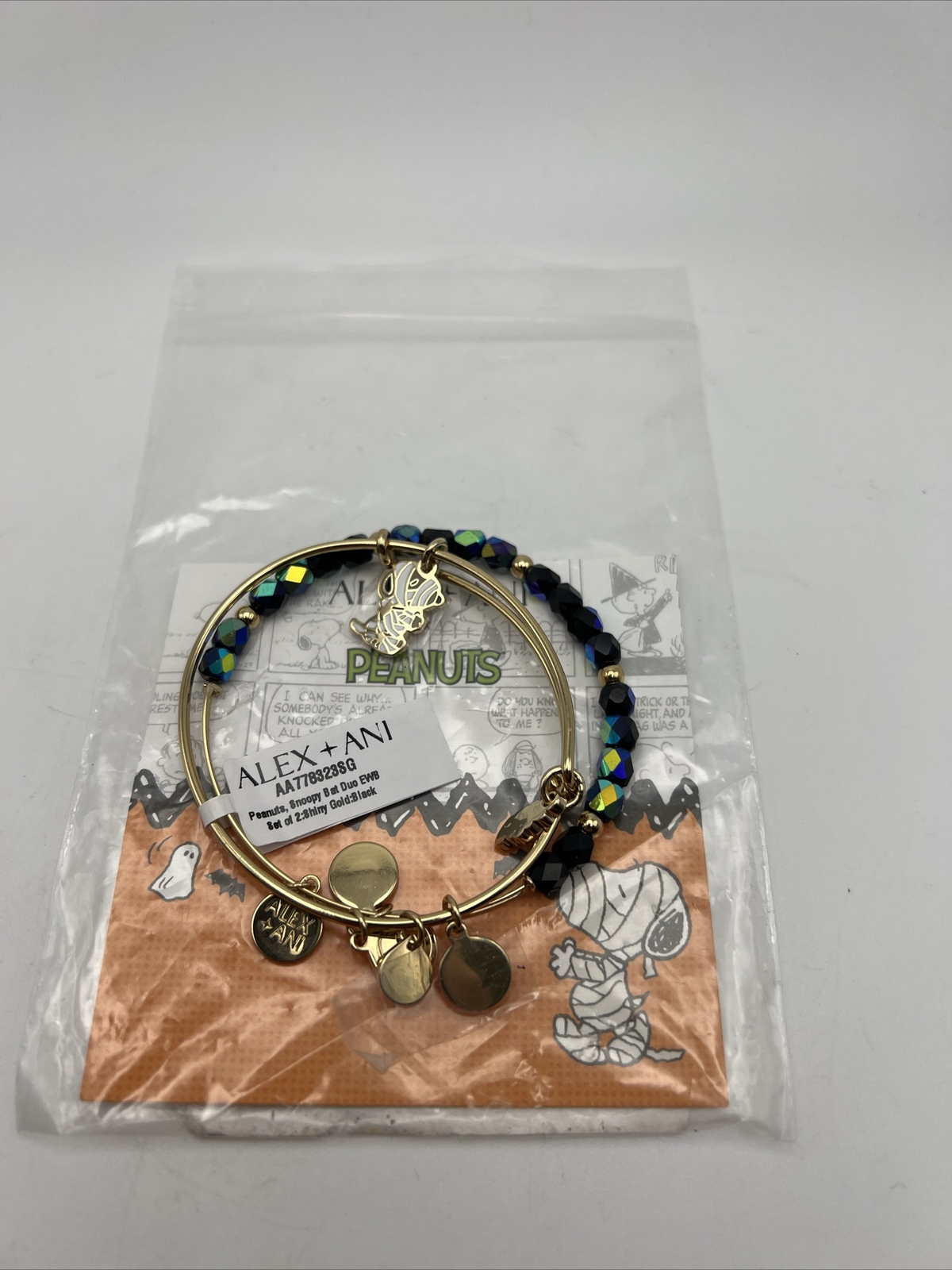 Alex and Ani Peanuts Halloween Snoopy Bat Duo Set of 2 Shiny Gold/Black