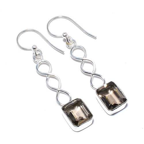 Smoky Quartz Gemstone 925 Silver Plated Spiral Earring 1.79″ A34