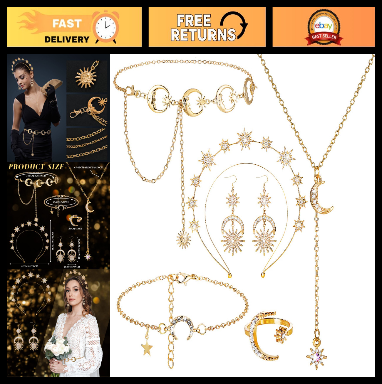 6 Pcs Celestial Jewelry Set – Crown, Moon, Star Headband, Earrings, Tiara for We