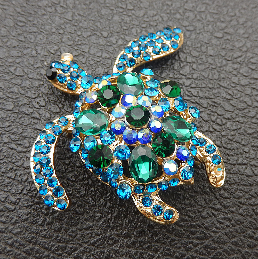 Women’s Green Blue Crystal Rhinestone Turtle Brooch Pin