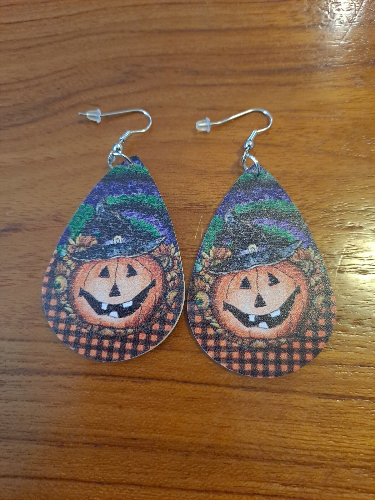 Halloween Faux Leather Pumpkin Teardrop Earring New Not Worn Double-Sided Design