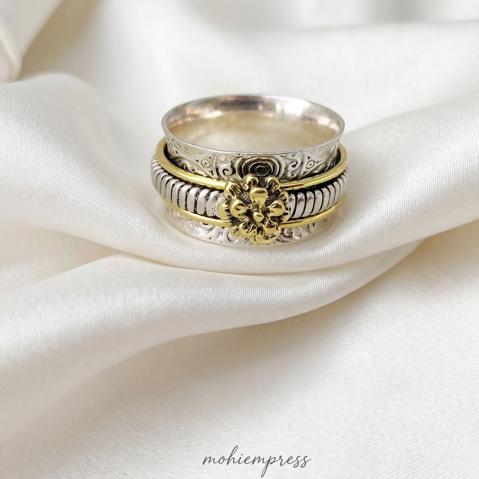 925 Sterling Silver Flower Spinner Ring, Boho Meditation Ring