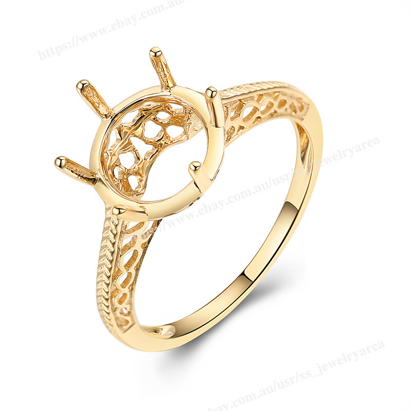 Six Prong Semi Mount Ring Brilliant Solid 14k Yellow Gold Round Cut 8.5mm to 9mm