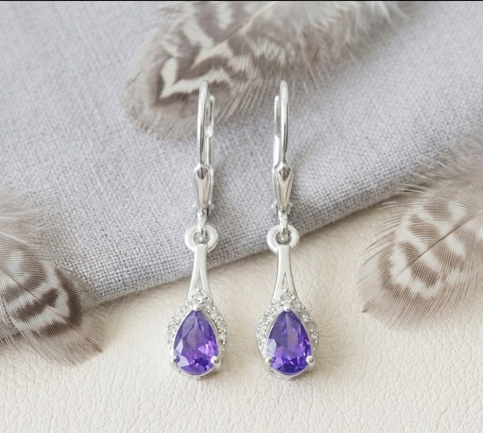 925 Sterling Silver Pear Amethyst Dangle Women Earrings Minimalist Jewelry Gift