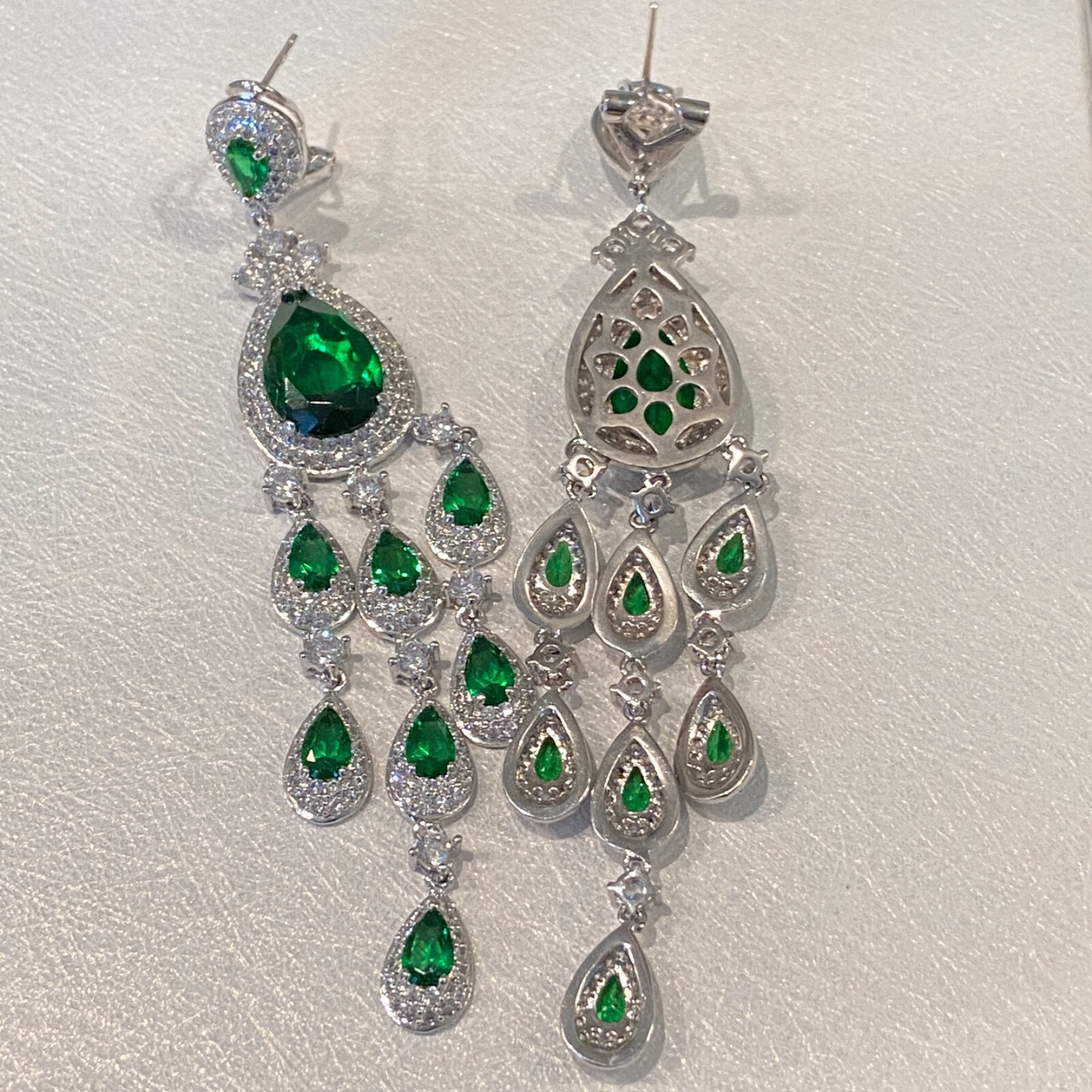 18k Platinum Plated Lab-Created Green Emerald & Diamond Long Chandelier Earrings
