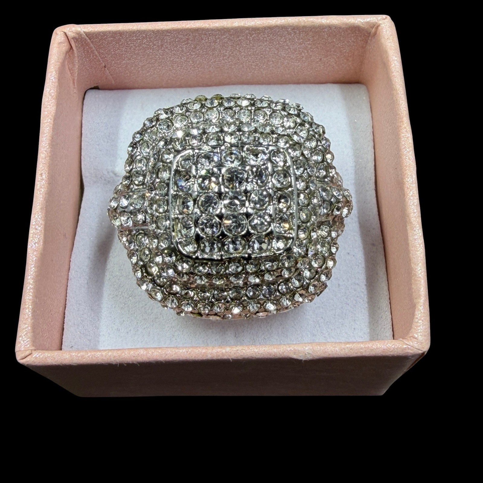 Silver Tone Rhinestone Cocktail Ring Statement Glam Prom Bling Y2K Cluster SZ 6