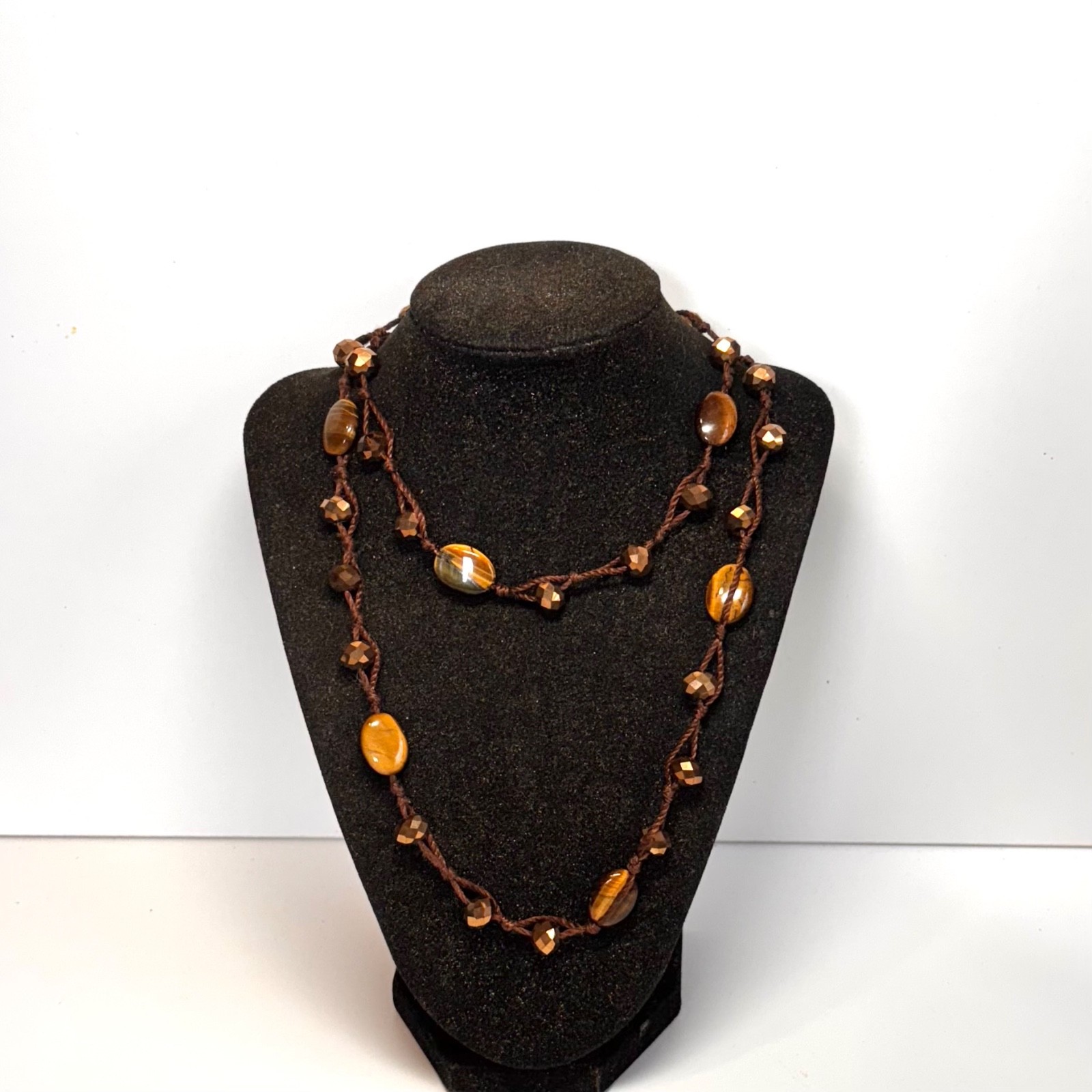 NECKLACE tigers eye bead bronzetone faceted glass spacer brown cord lobster clsp