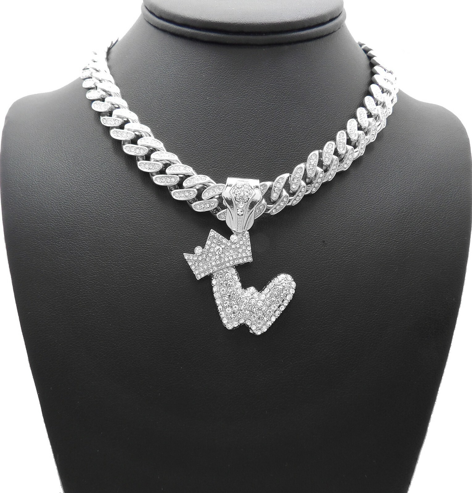 Silver PT Bubble Alphabet W Pendant 16″ ~ 24″ Iced Cuban Box Lock Chain Necklace